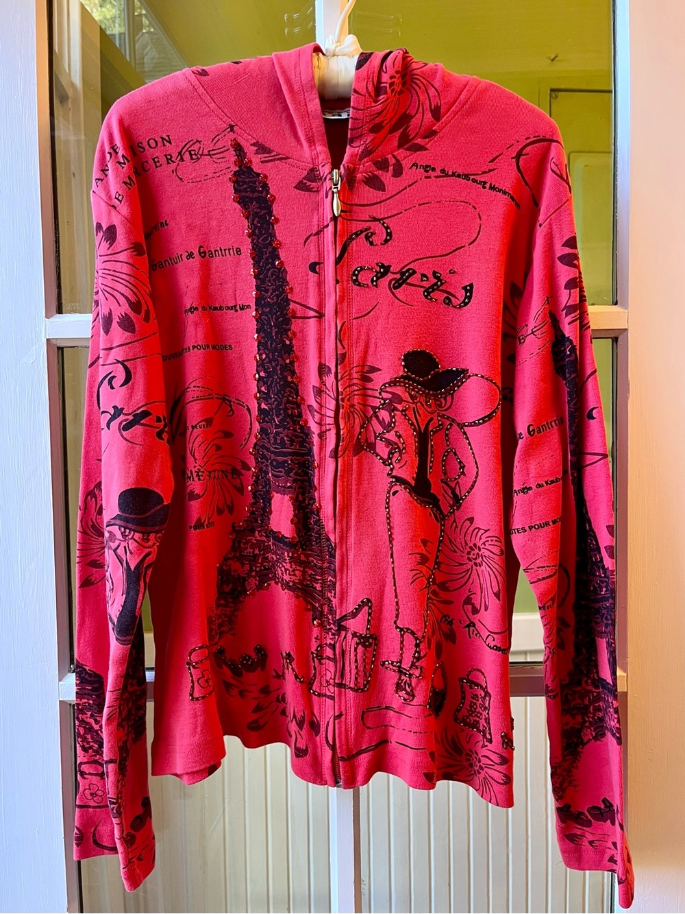 KEREN hart Red Full Zip-Up Sweatshirt Hoodie Embellished Eiffel Tower Parisian